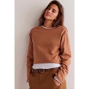 Free People tan cropped long sleeve tee